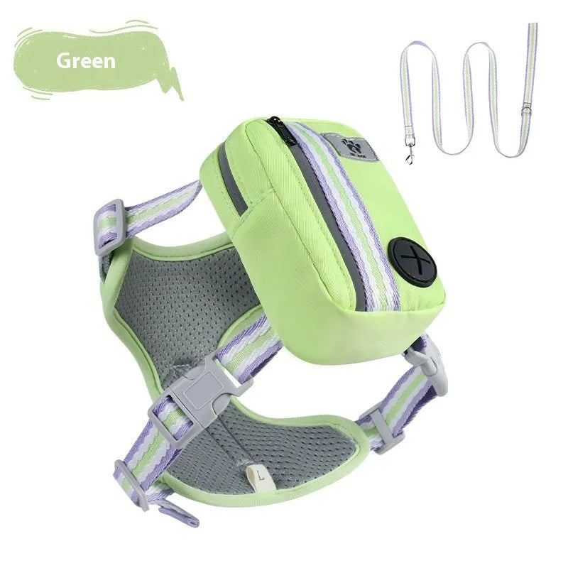 Green explosion-proof anti-strangulation dog harness made of Oxford cloth with attached rope