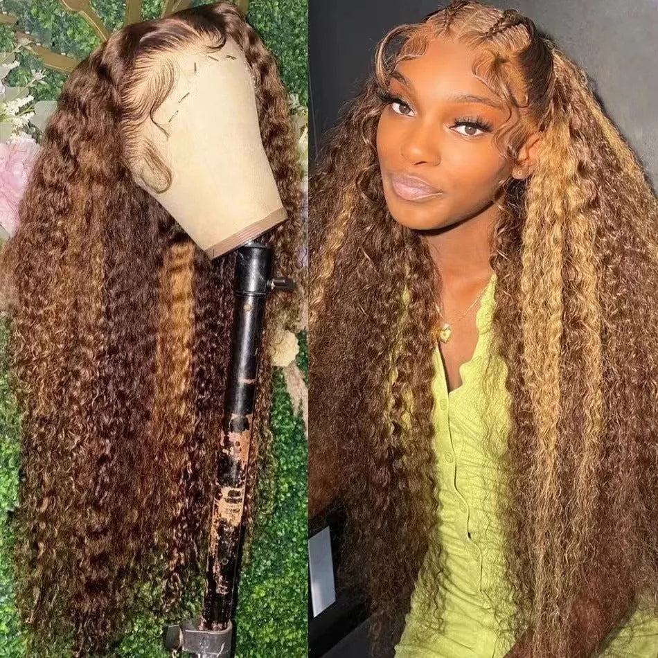 Front lace wig with African black gradient colour and big wave curls, shown with a side-swept fringe.