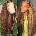 Front lace wig with African black gradient colour and big wave curls, shown with a side-swept fringe.