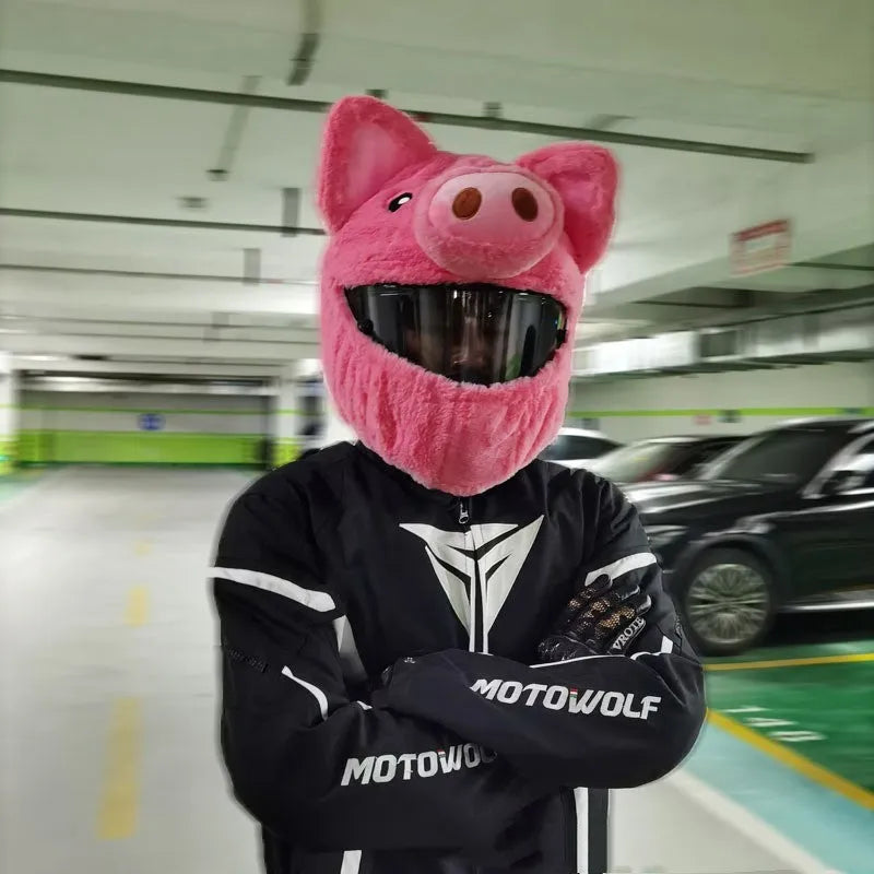 Plush motorcycle helmet protective hood in pink pig cartoon design