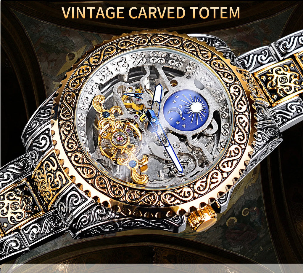 Forsining yellow skeleton tourbillon mechanical watch with stainless steel case and band