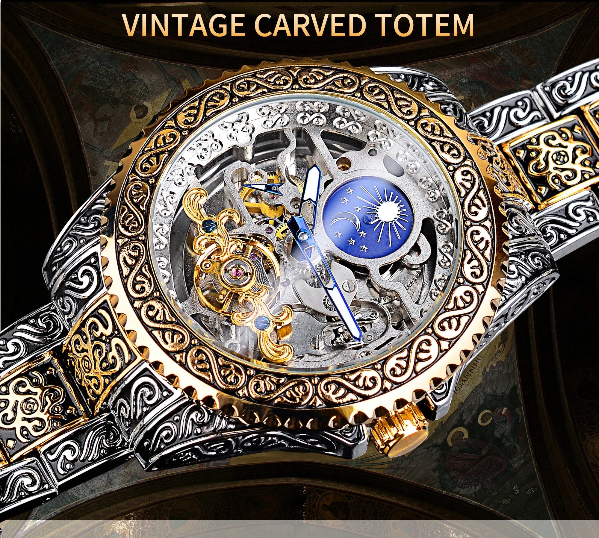 Forsining yellow skeleton tourbillon mechanical watch with stainless steel case and band