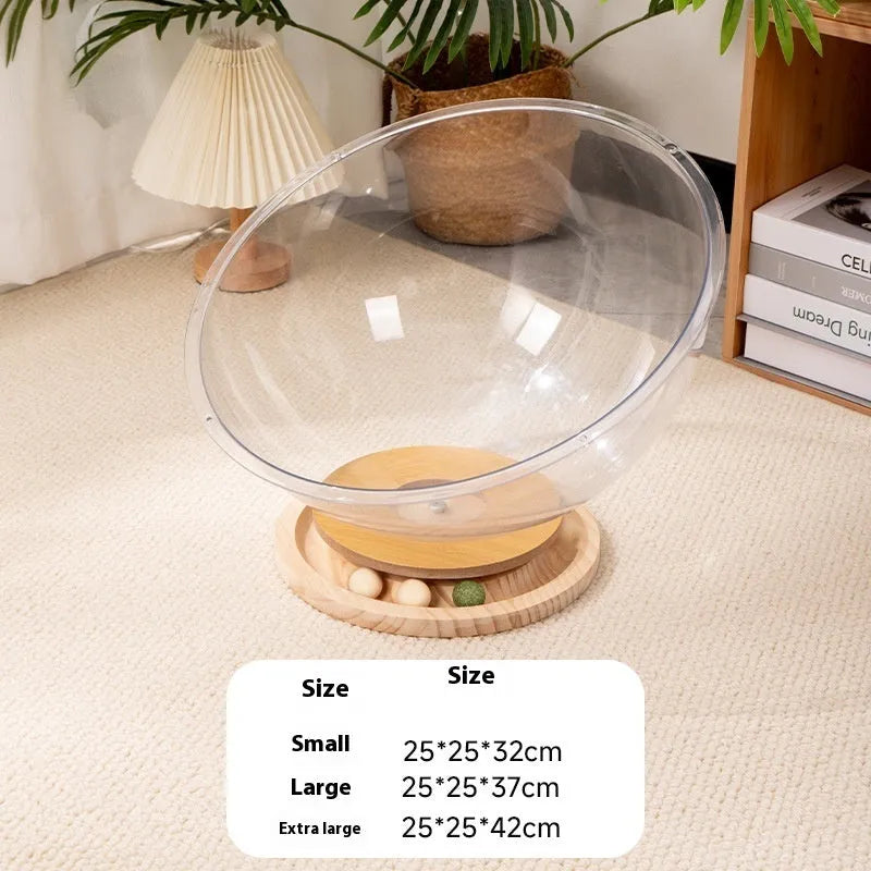 Transparent acrylic space capsule cat bed on turntable base with cat inside