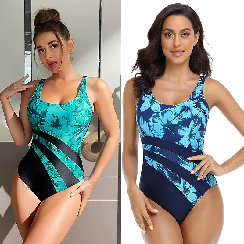 Women's conservative printed one-piece swimsuit in blue chemical fibre blend fabric