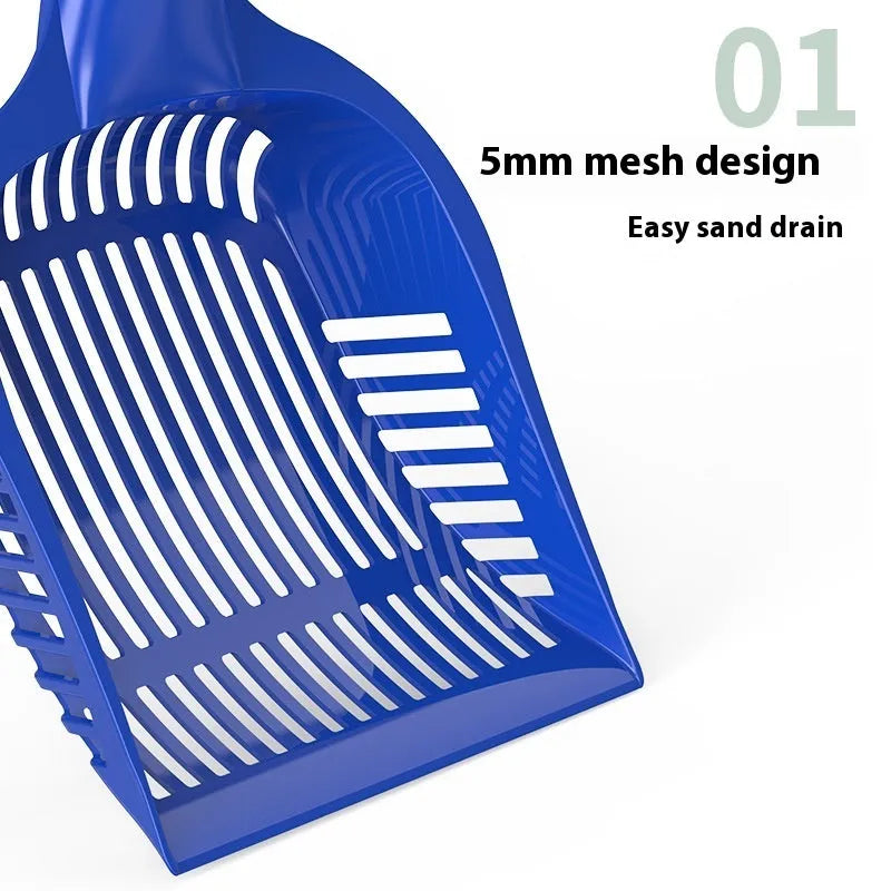 Red, yellow and blue plastic cat litter scoops in small and medium sizes