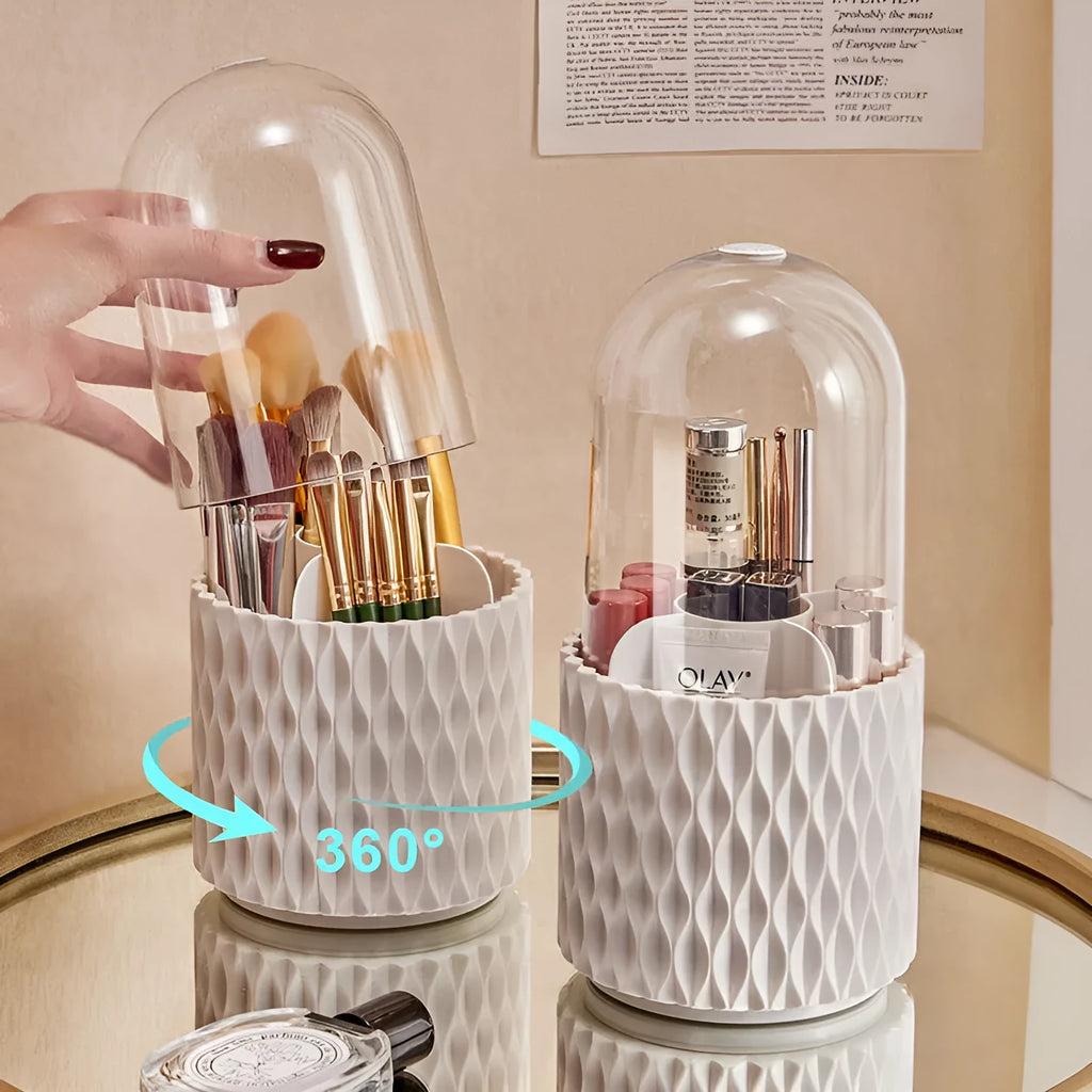 White rotating acrylic makeup brush storage box with transparent cover and split compartments