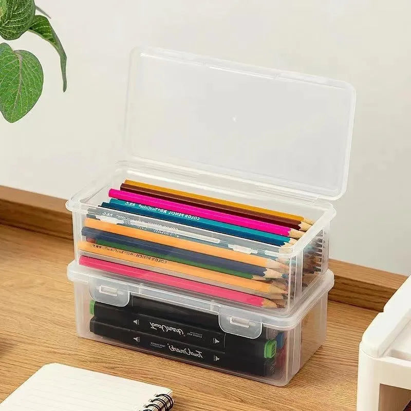 Transparent plastic stationery storage box for pencils and drawing supplies