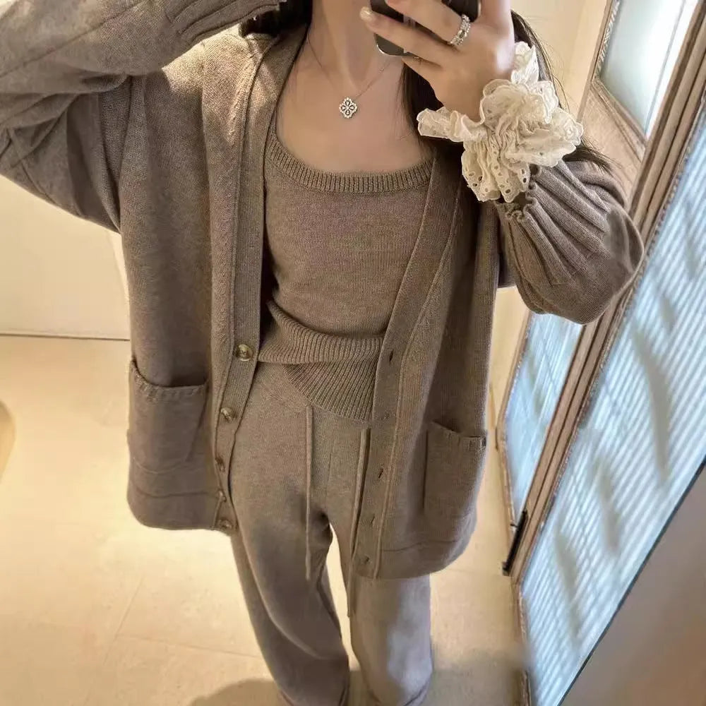 Women's knit cardigan vest trousers three-piece set in neutral colour wool blend fabric