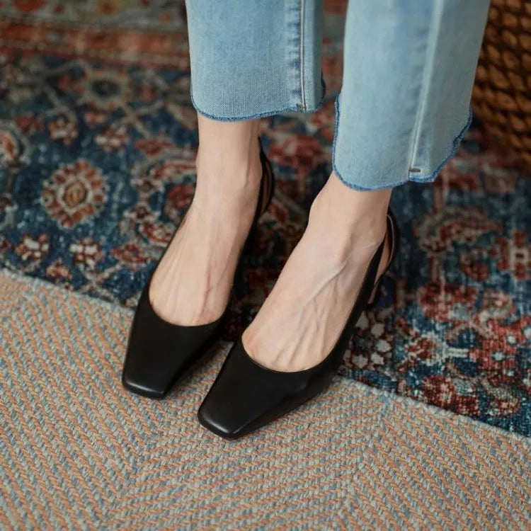 Women's high heels with 6.5cm thick rice heel, first layer cow leather upper, cow tendon sole, black or off white, sizes 34-39