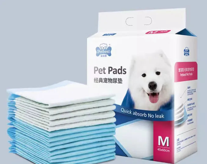 Pack of thickened dog urine pads showing size options and bamboo charcoal or lemon scent variants