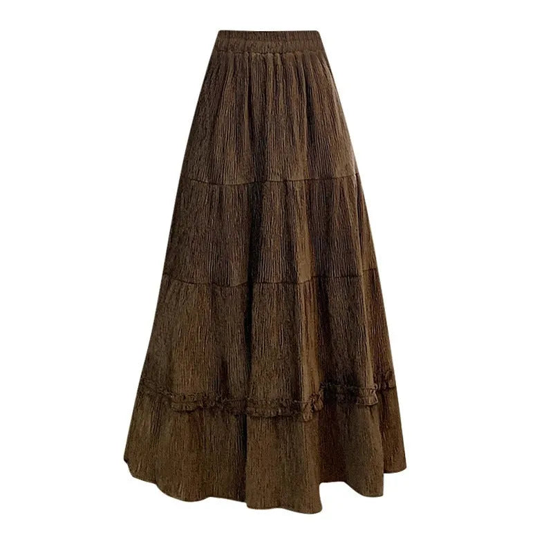 Women's corduroy A-line midi skirt with elastic waistband in beige, black or brown colours