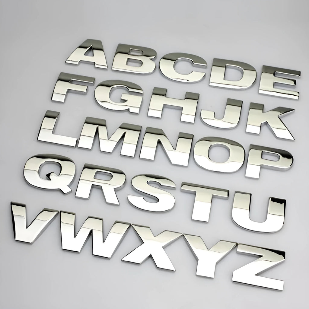 Zinc alloy metal car letter stickers showing A to Z alphabet in 2.5cm size for bumper personalisation