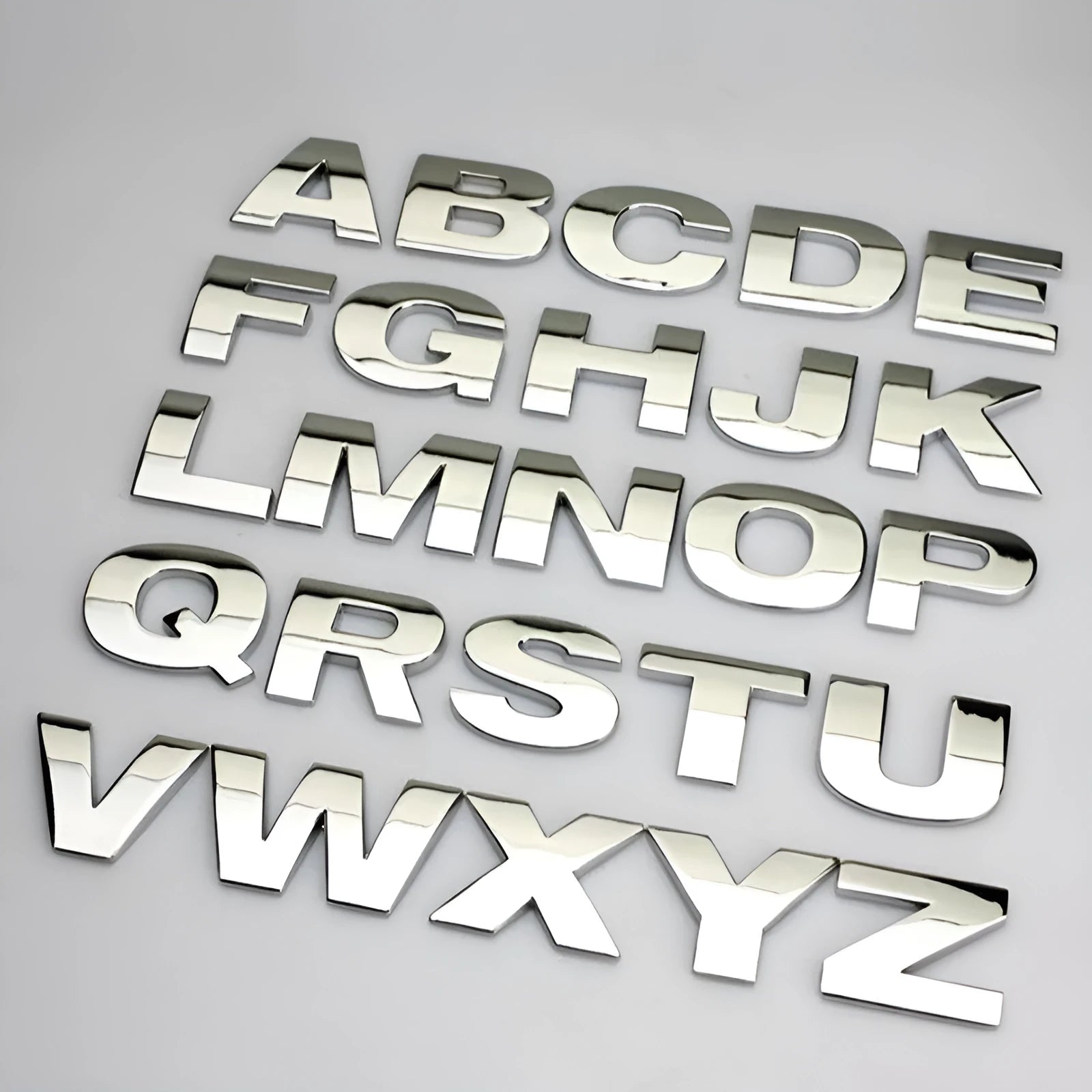 Zinc alloy metal car letter stickers showing A to Z alphabet in 2.5cm size for bumper personalisation