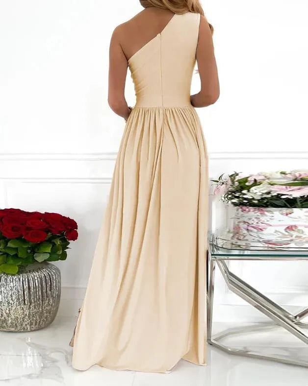 Women's apricot one shoulder high split maxi dress with cutout detail, sleeveless design