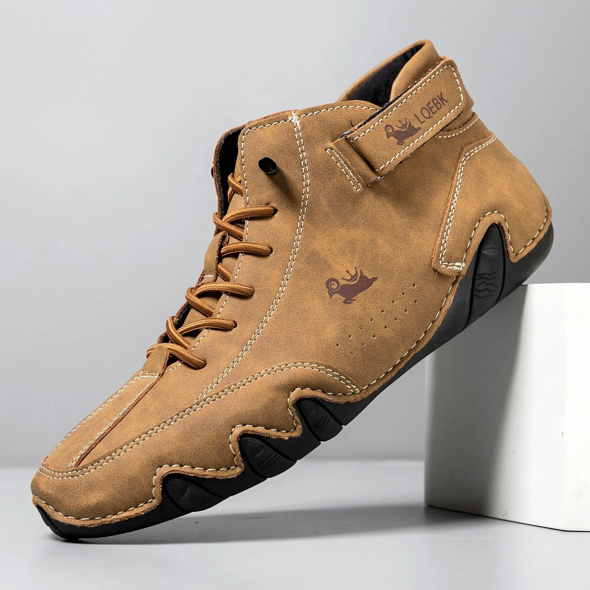 Men's brown microfiber Martin boots with flat rubber sole and round toe design