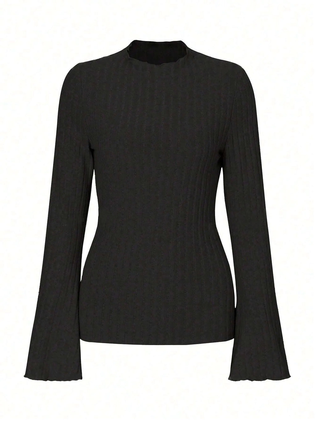 Long sleeve round neck top with lantern sleeves in black brushed polyester fabric