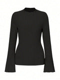 Long sleeve round neck top with lantern sleeves in black brushed polyester fabric
