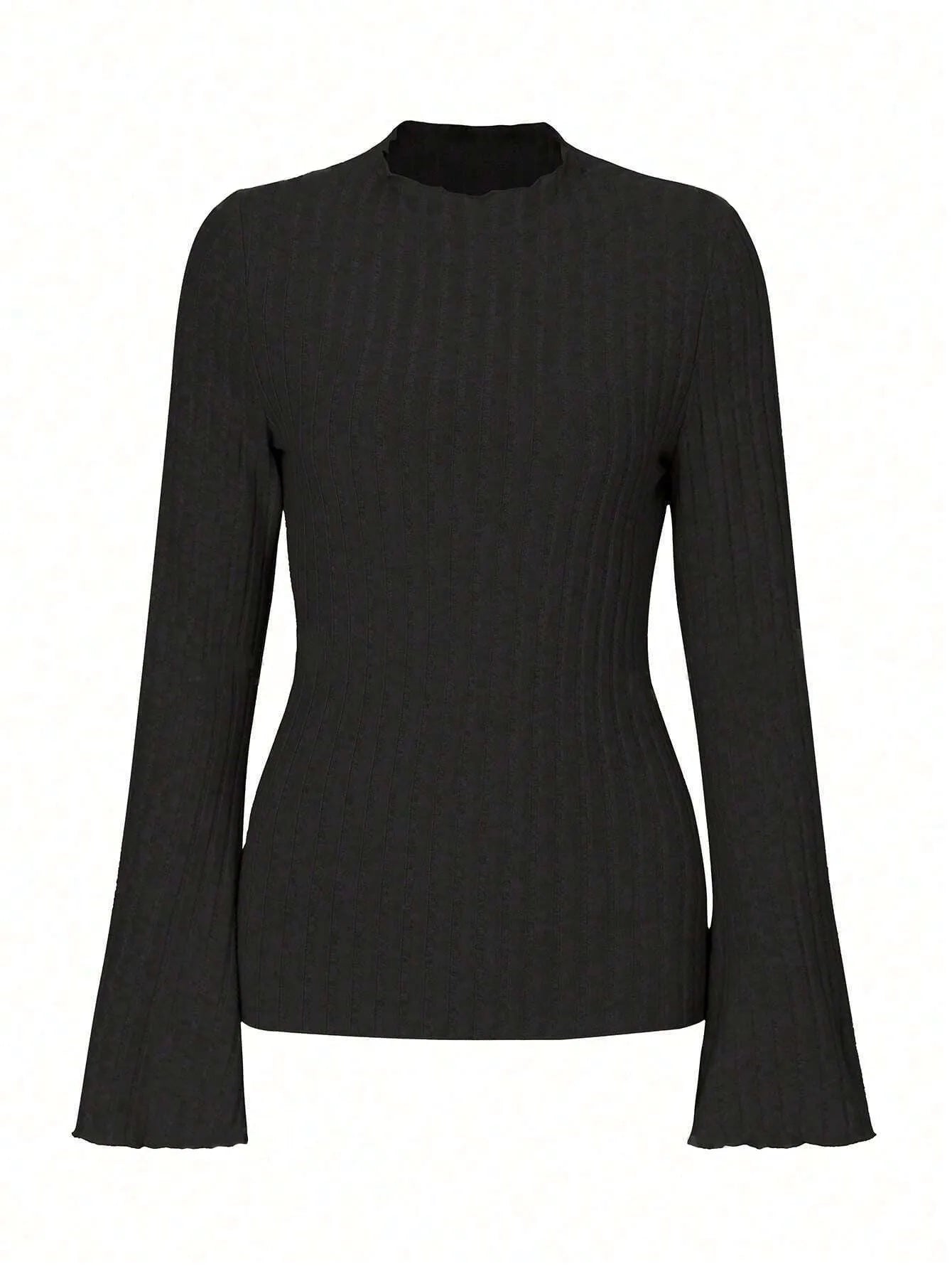 Long sleeve round neck top with lantern sleeves in black brushed polyester fabric