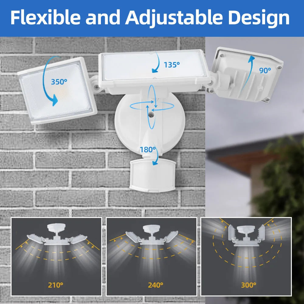 White or black outdoor LED security flood light with motion sensor on wall or ceiling.