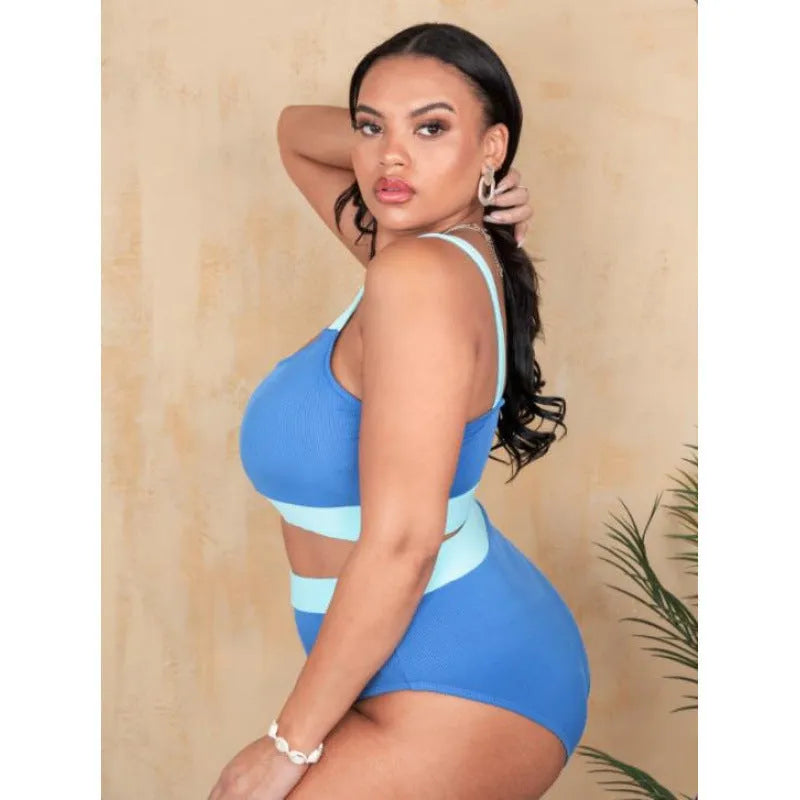 Women's high waist bikini swimsuit with pure colour stitching and split briefs design