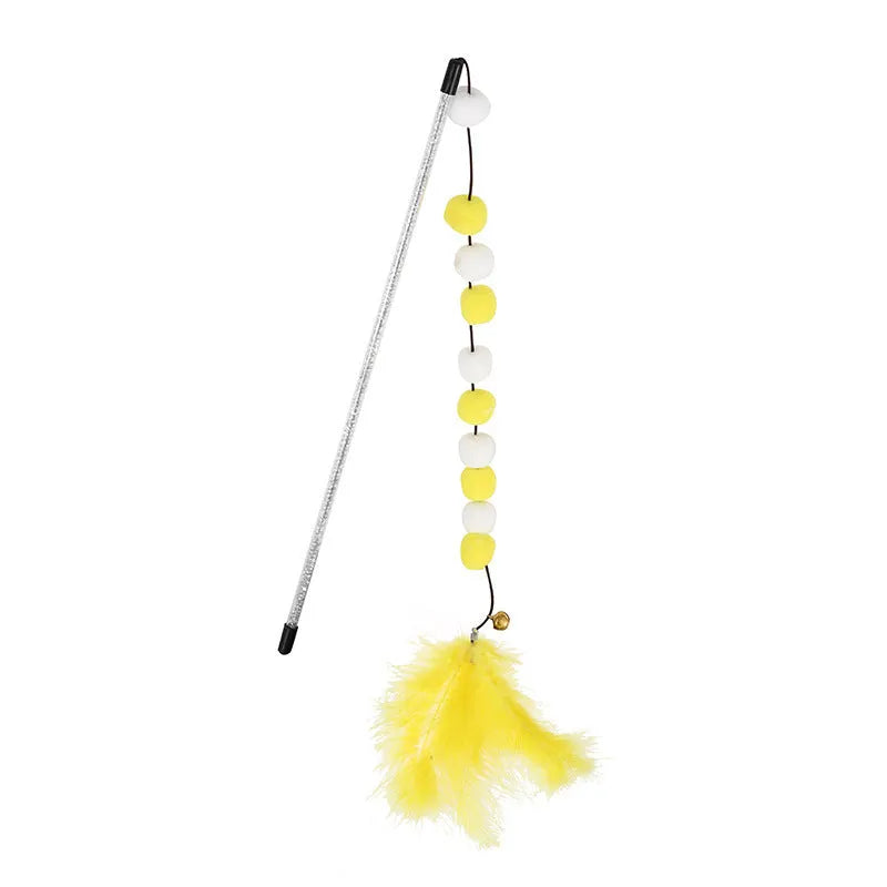 Colourful cat teaser toy stick with acrylic pompon, feathers, and a bell on a 31cm rod