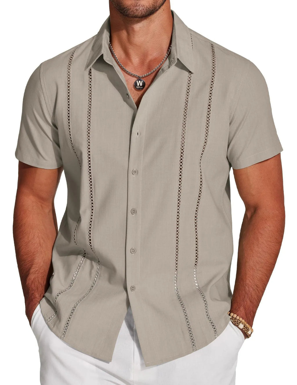 Men's slim fit short sleeve Hawaiian shirt with digital print in a cardigan style.