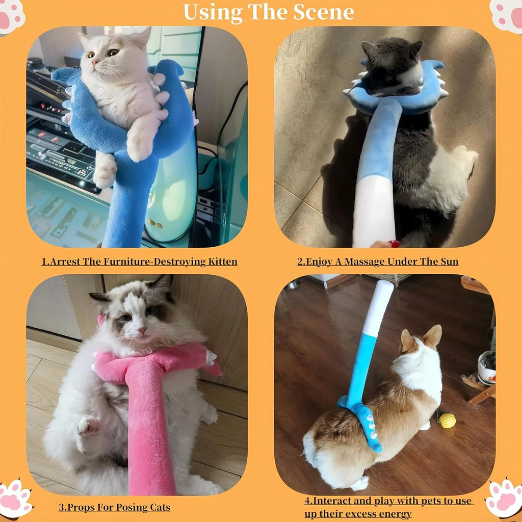 Blue plush cat wand toy with foam-filled head on a 70cm long stick for interactive pet play.