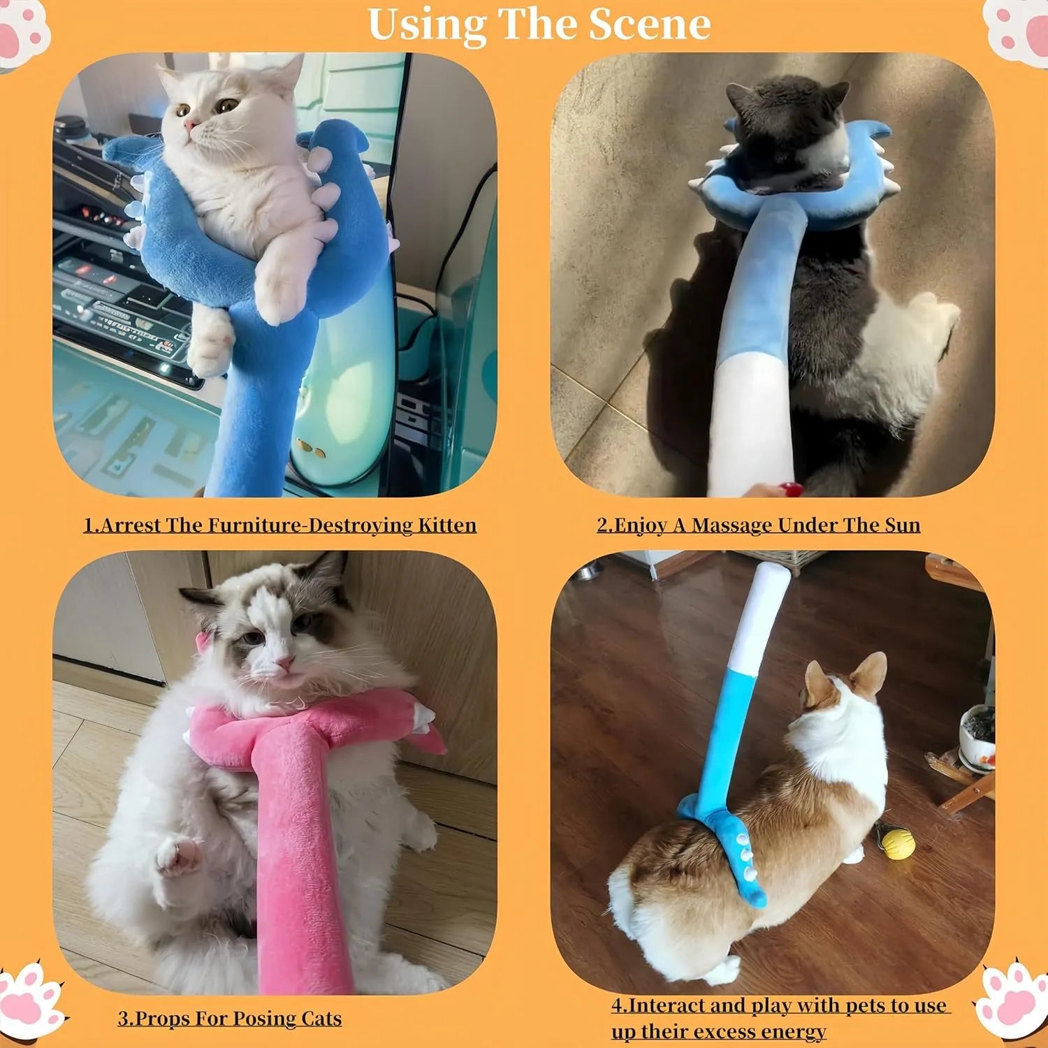 Blue plush cat wand toy with foam-filled head on a 70cm long stick for interactive pet play.