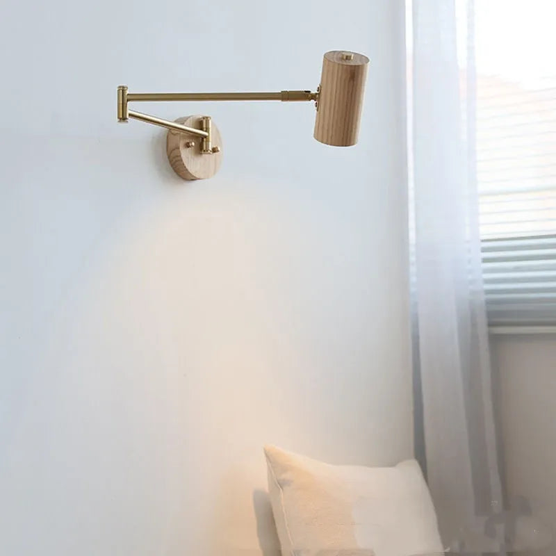 Retro rotating wall lamp with long-arm spot light in walnut colour finish