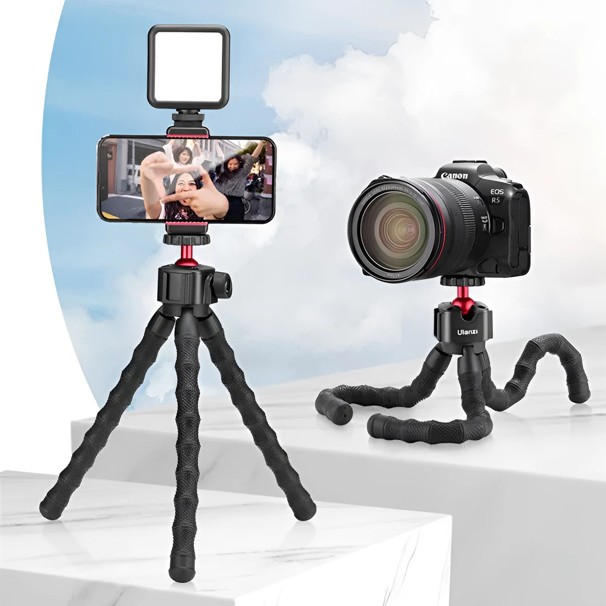 Multifunctional VLOG filming suite with silver aluminium alloy tripod on a table.