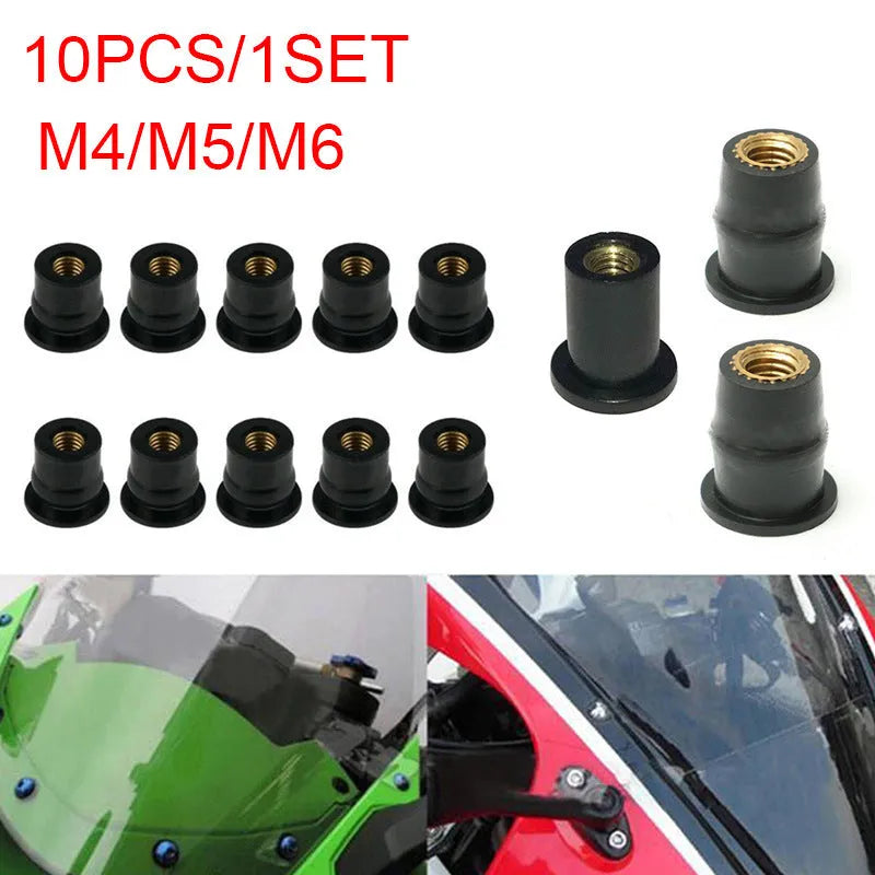 Black rubber and brass well nut riveting fasteners for motorcycle windshields in M4, M5, and M6 sizes