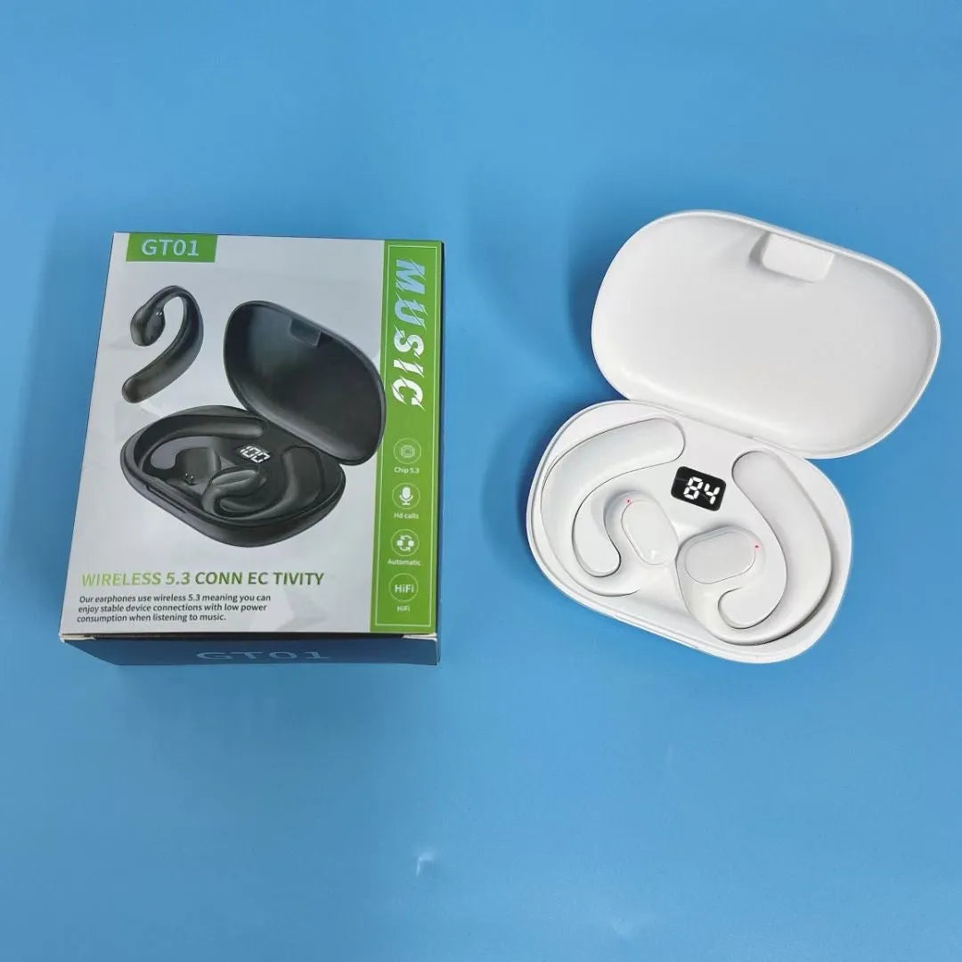 Black or white ear-mounted Bluetooth headset with digital display screen, shown with charging cable