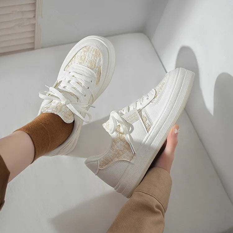 Beige plaid platform sports shoes with front lace-up and round toe.