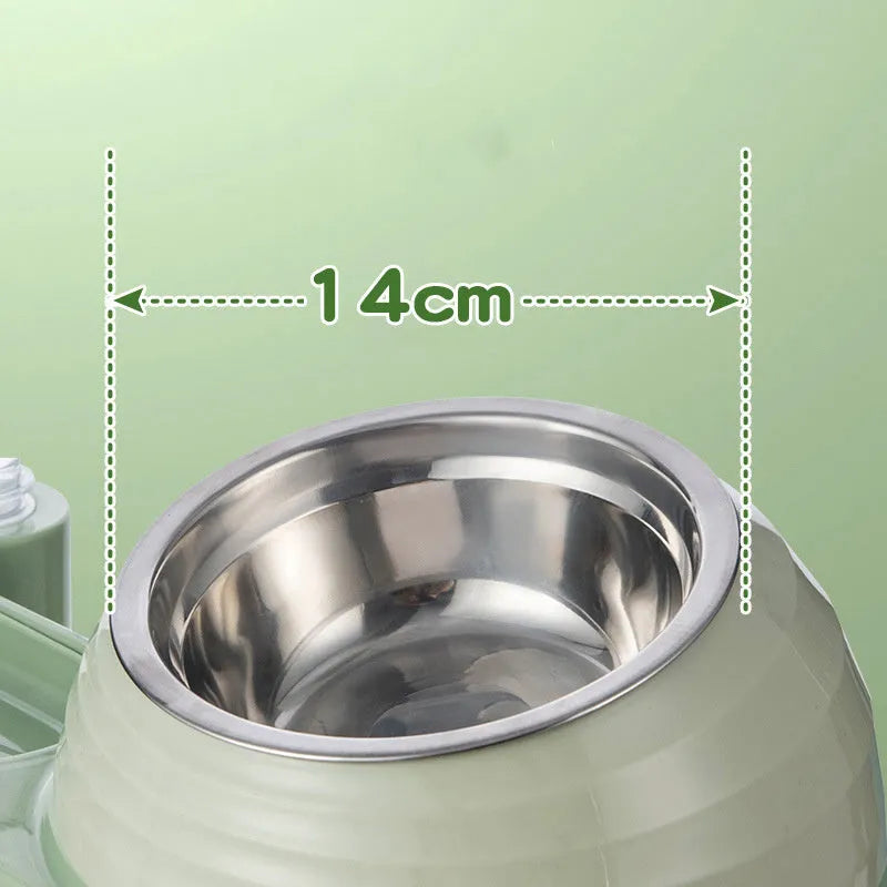 Brown elevated cat bowl set with automatic water bottle and curved food dish
