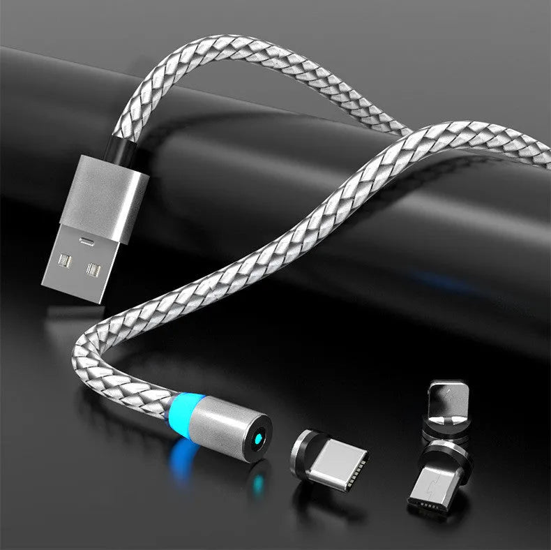 Magnetic mobile phone charging cable with breathing light, compatible with Apple iPhone, Android and USB-C devices