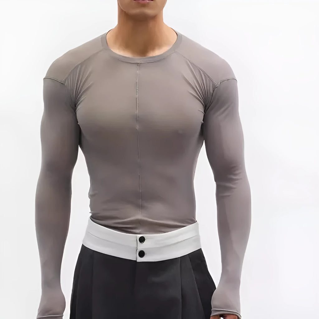 Black slim-fit women's pullover with mesh see-through texture and long sleeves