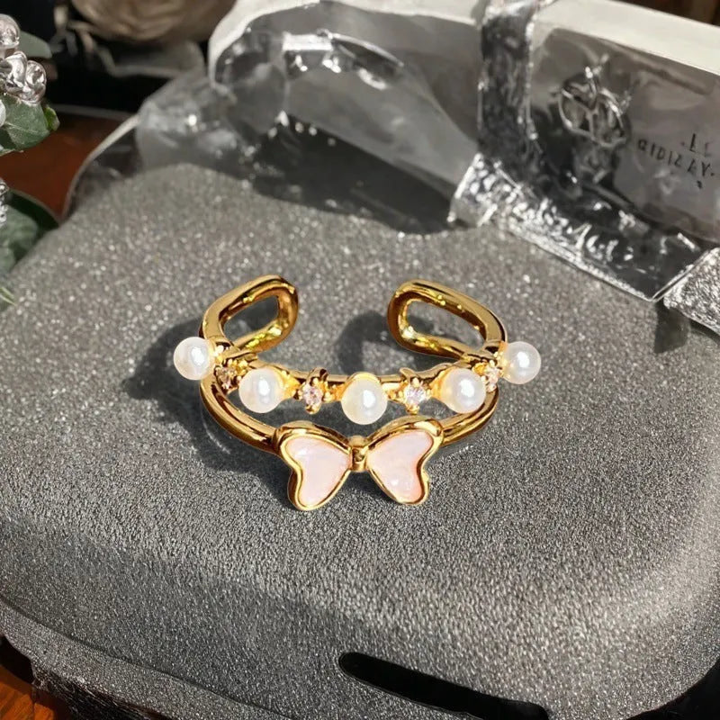Adjustable copper gourd ring with inlaid zircon stones in a vintage oil dripping finish.