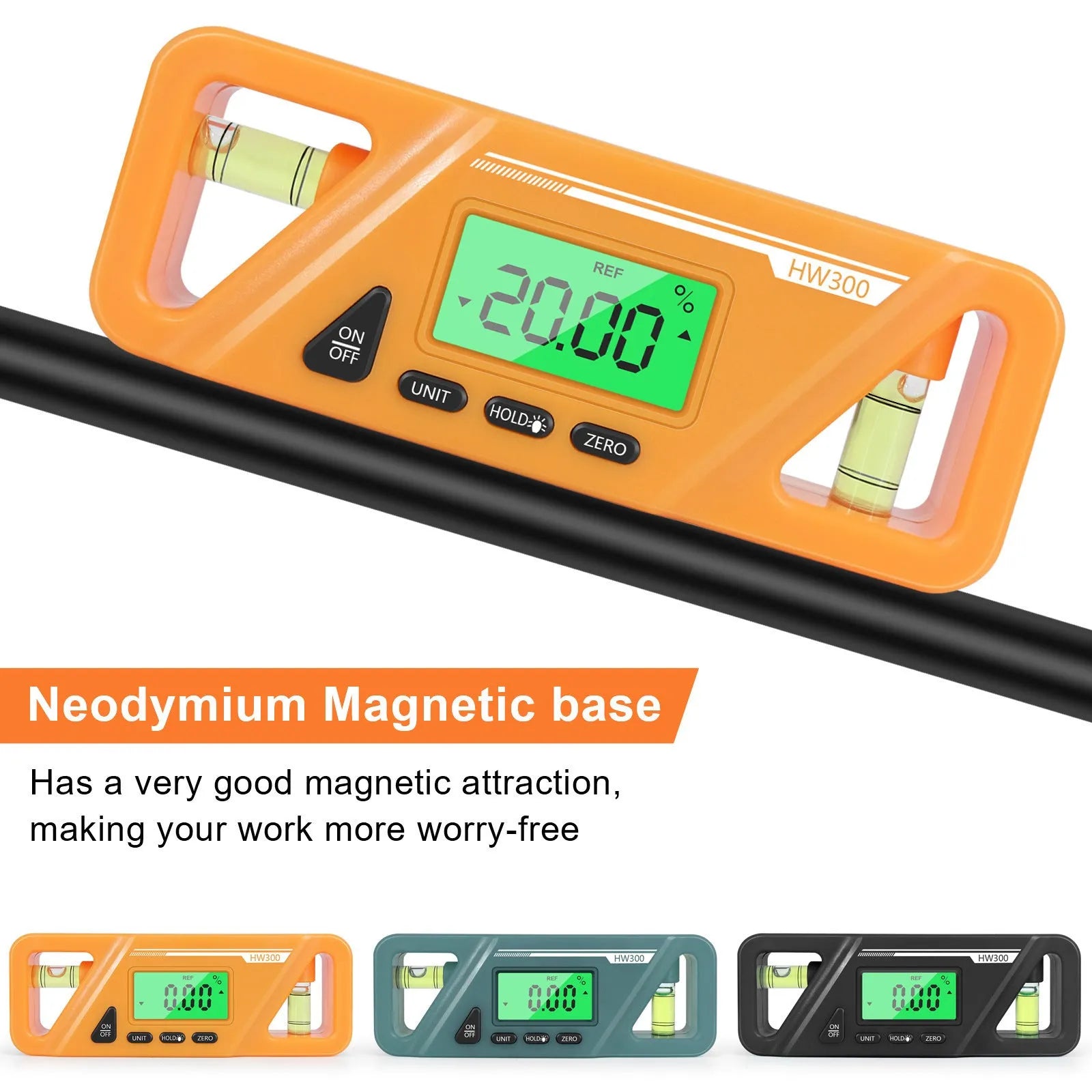 HW300 digital inclinometer level meter with magnetic base and LCD display showing angle reading.