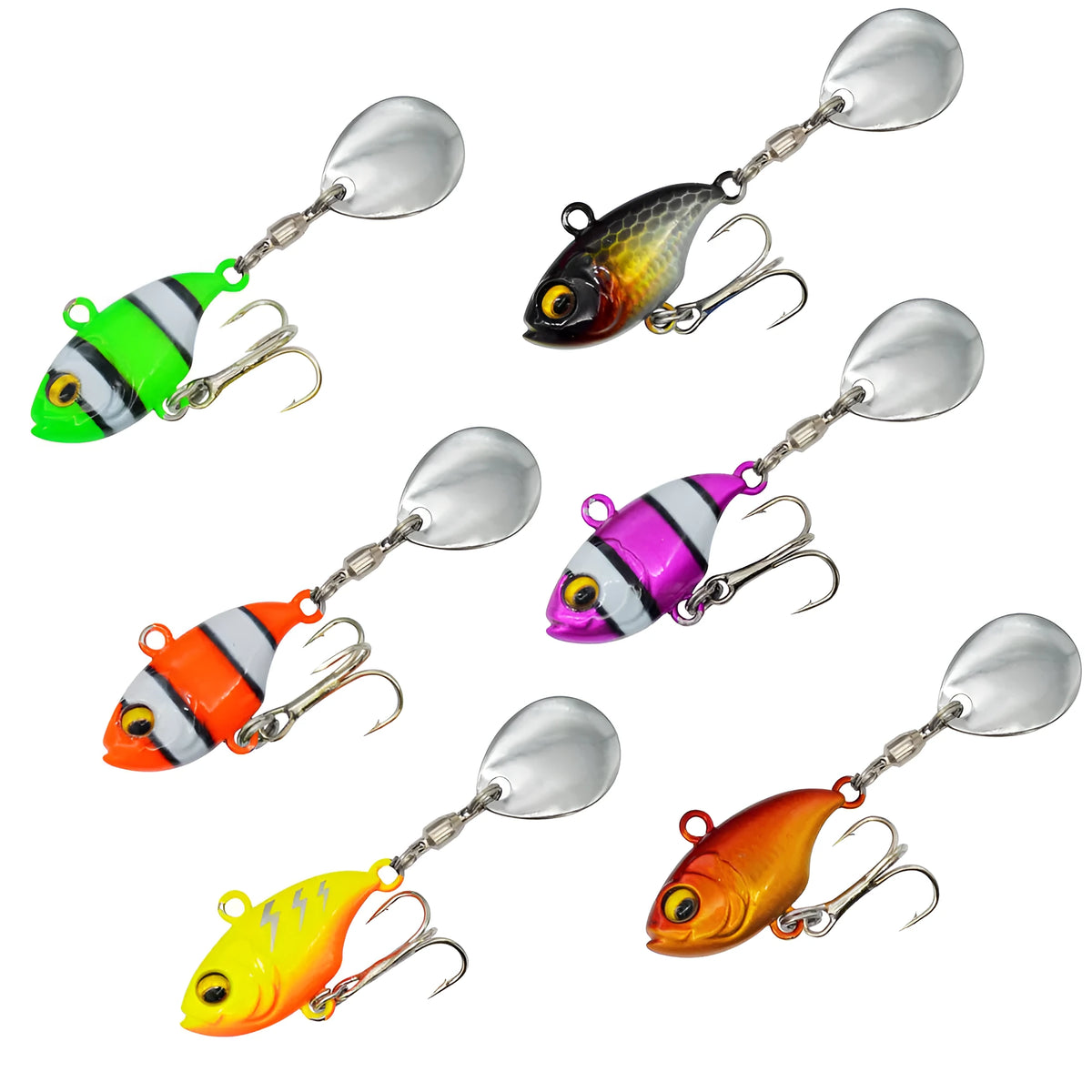 Metal sea fishing spinnerbait lure with rotating sequins showing six colour pattern options