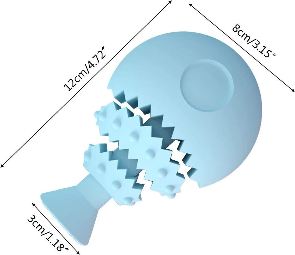 Blue fish bone shaped dog chew toy with treat hole for dental care and interactive play