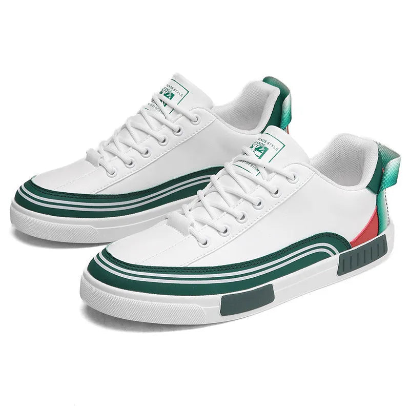 Men's breathable mesh and canvas casual shoes in white and green with flat heel and round toe design