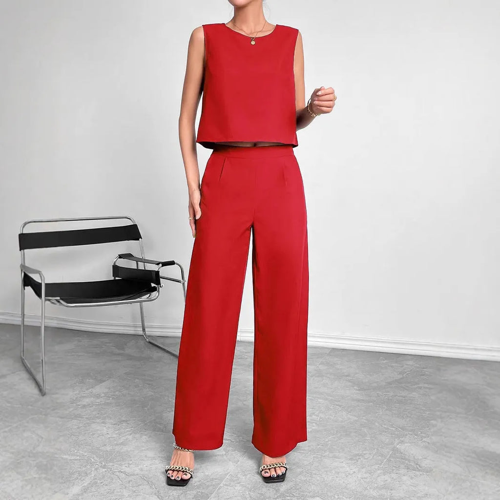 Women's red sleeveless top and wide leg trousers two-piece set on hanger