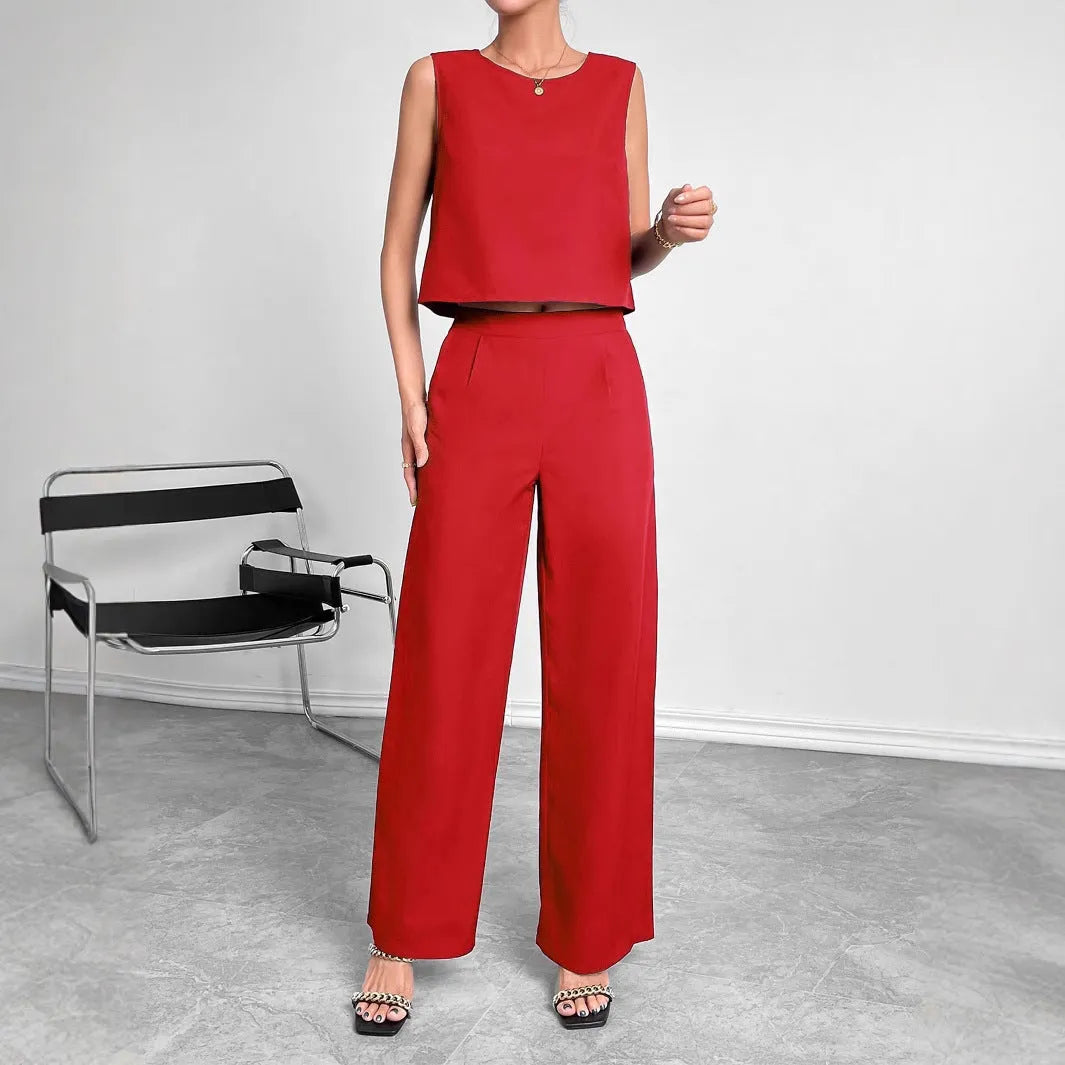 Women's red sleeveless top and wide leg trousers two-piece set on hanger