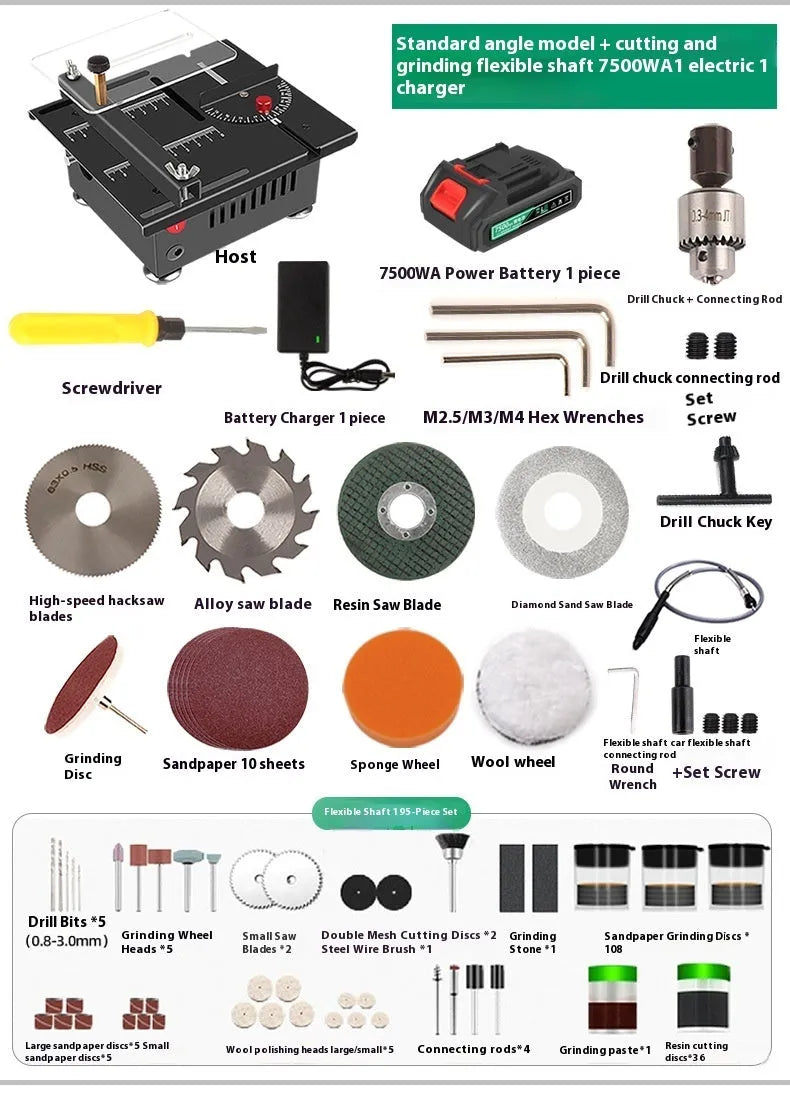 Compact metal desktop micro saw with lithium ion battery and 5-in-1 angle cutting head.