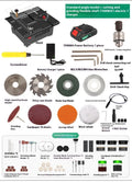Compact metal desktop micro saw with lithium ion battery and 5-in-1 angle cutting head.