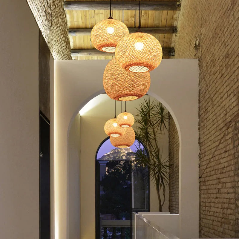 Pastoral style Zen tea room chandelier with multiple lamp holder diameter options on a white ceiling.