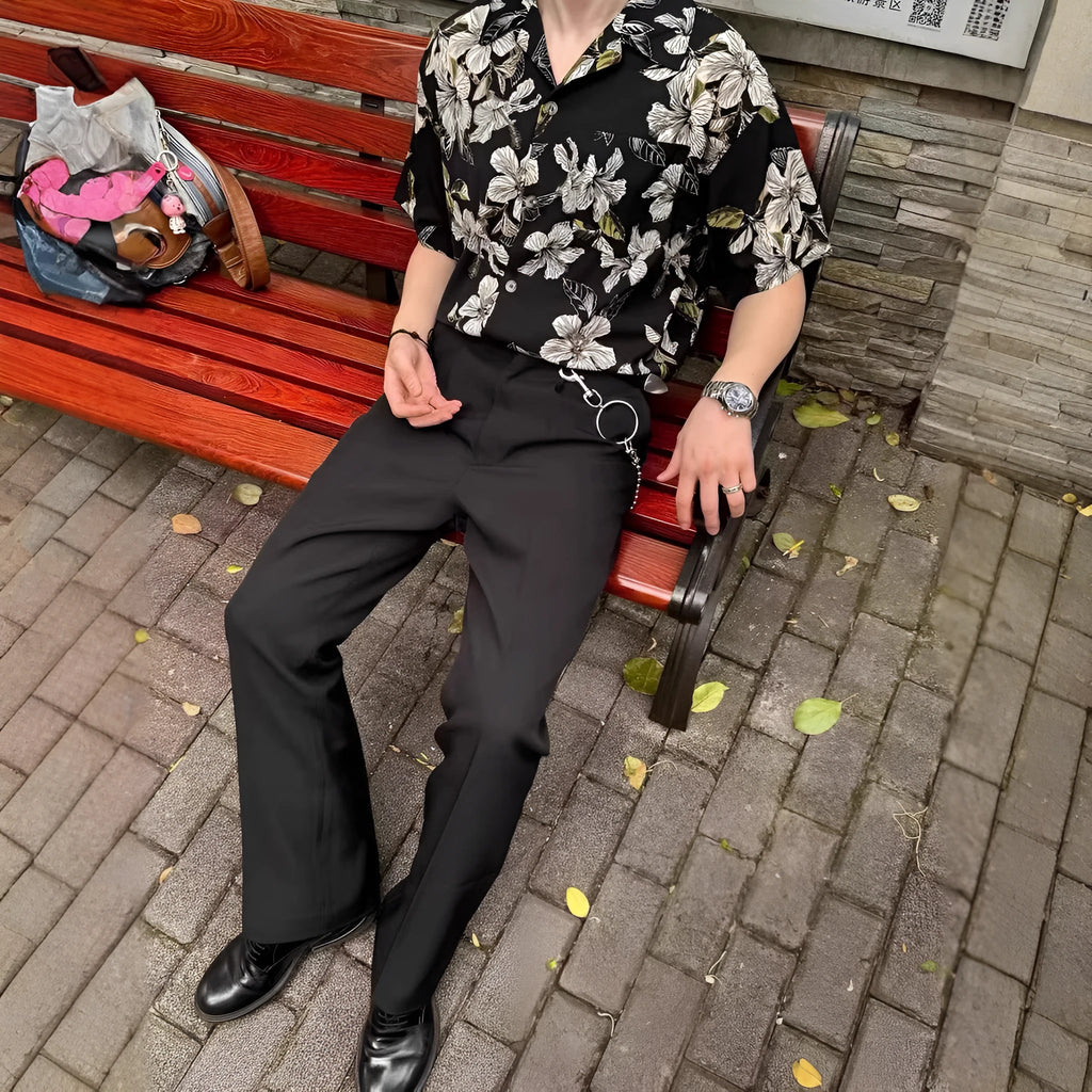 Black men's vintage Cuban collar ice silk shirt with floral print and short sleeves