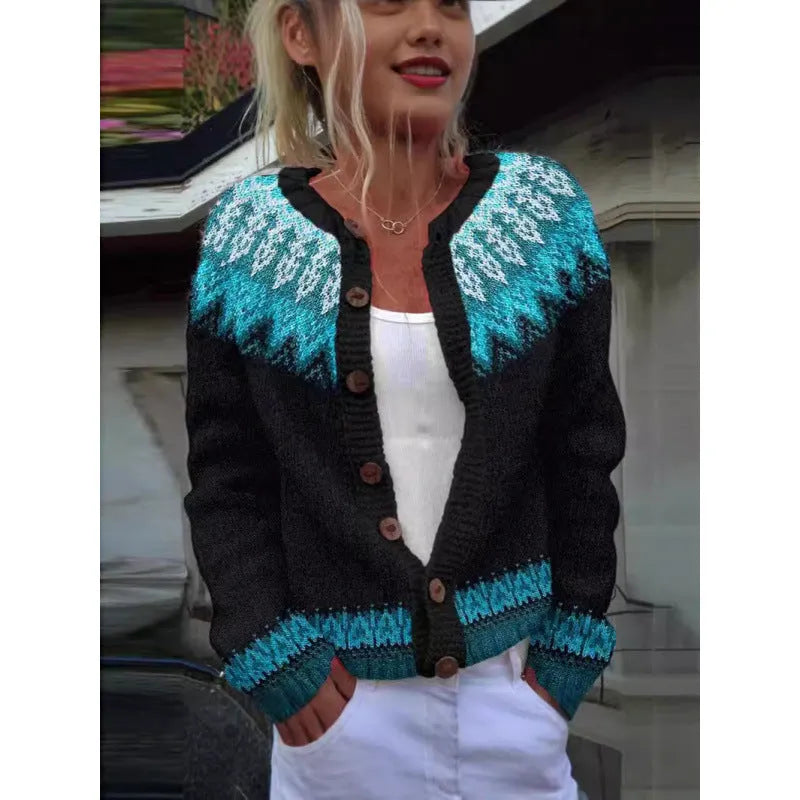 Yellow digital print cardigan knit coat with a raised 3D pattern on a hanger.