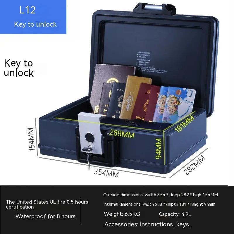 Portable small metal safe with a mechanical combination dial on the front.