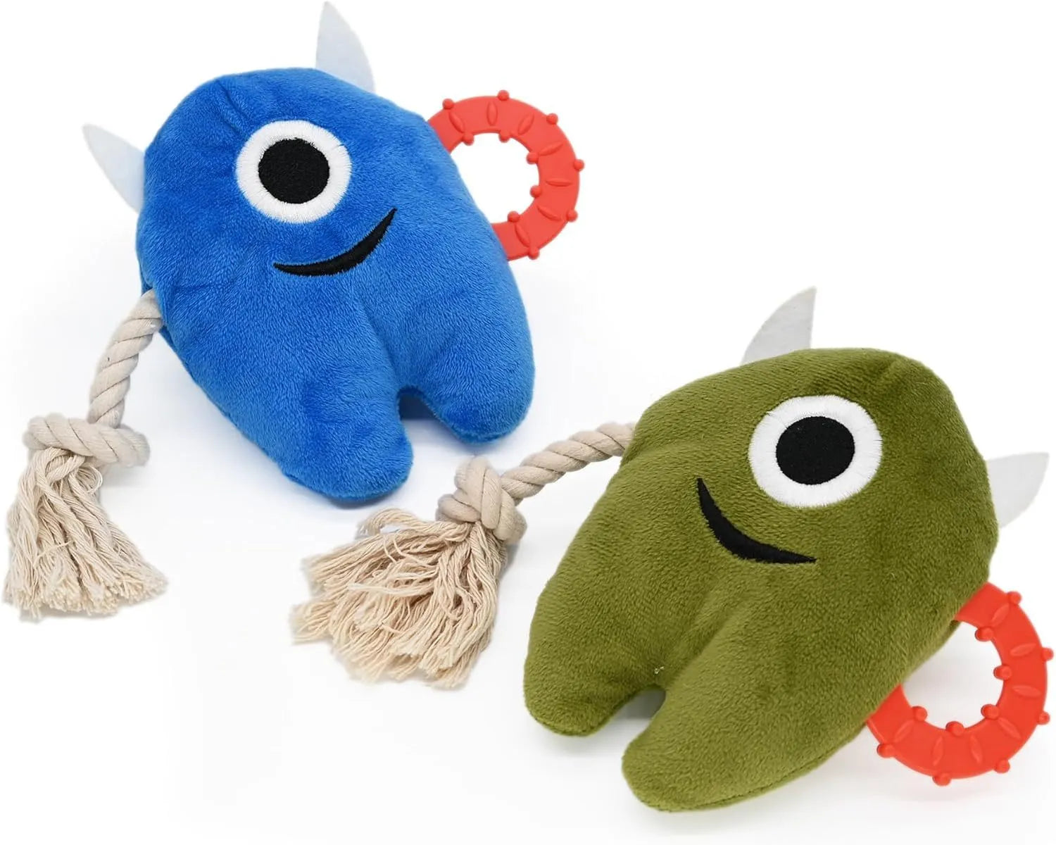 Blue and green plush monster dog toy with integrated cotton rope tug handle